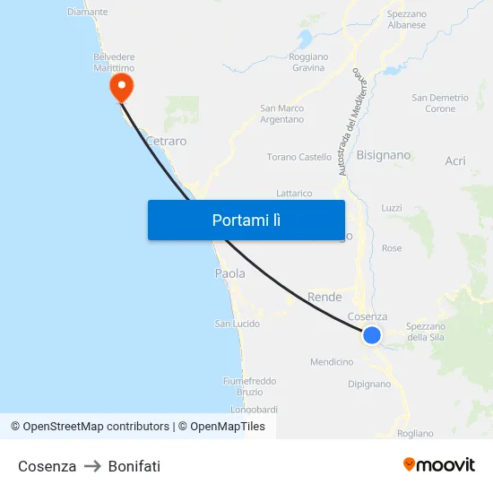 Cosenza to Bonifati map
