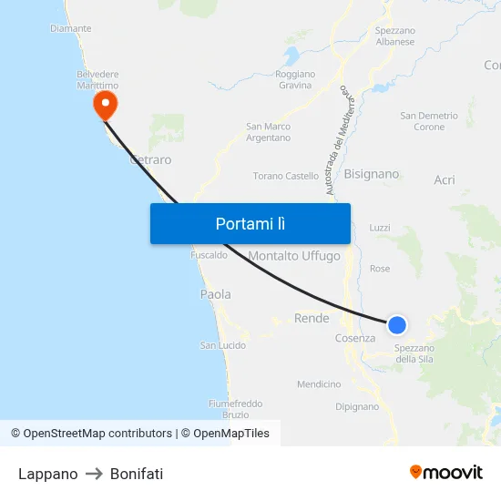 Lappano to Bonifati map