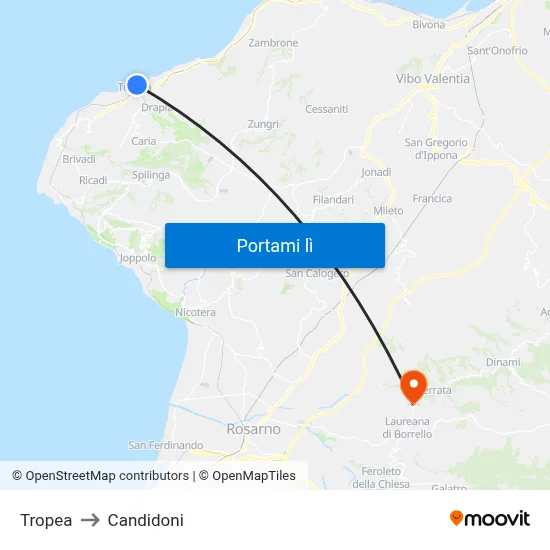 Tropea to Candidoni map