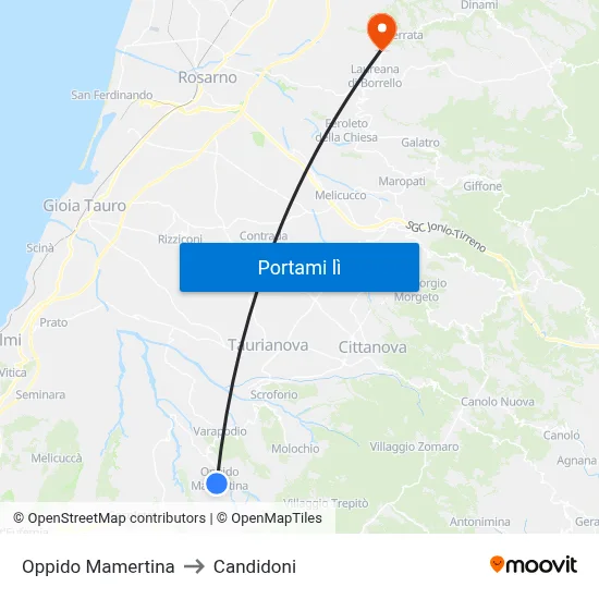 Oppido Mamertina to Candidoni map