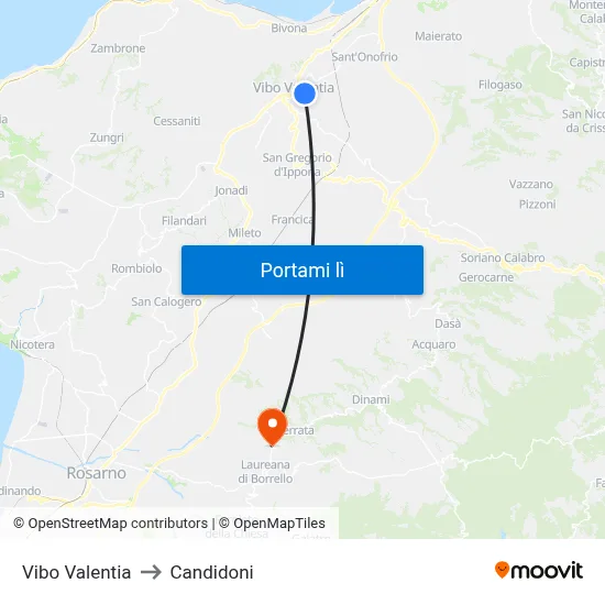Vibo Valentia to Candidoni map