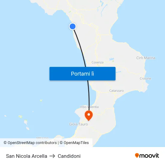 San Nicola Arcella to Candidoni map