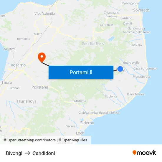 Bivongi to Candidoni map