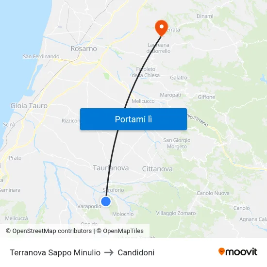 Terranova Sappo Minulio to Candidoni map