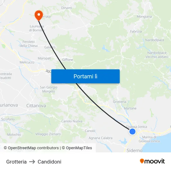 Grotteria to Candidoni map