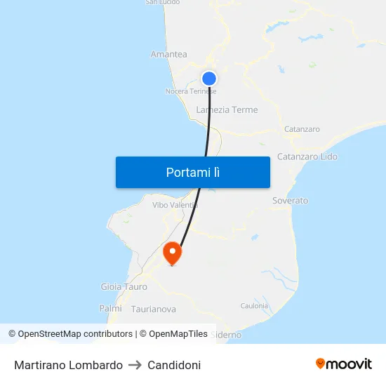 Martirano Lombardo to Candidoni map
