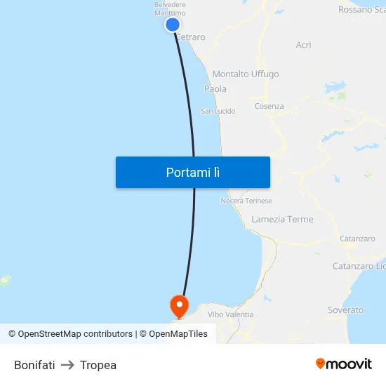 Bonifati to Tropea map