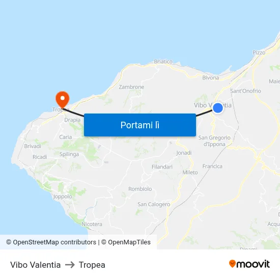 Vibo Valentia to Tropea map