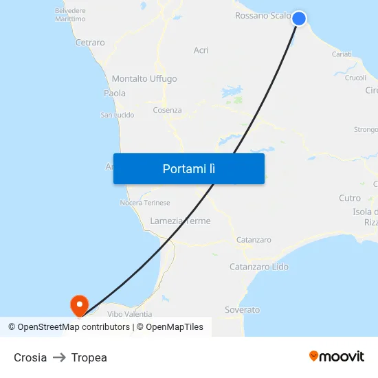 Crosia to Tropea map