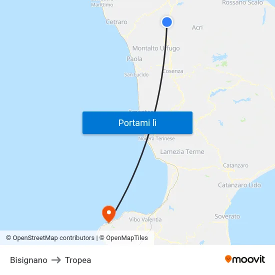 Bisignano to Tropea map