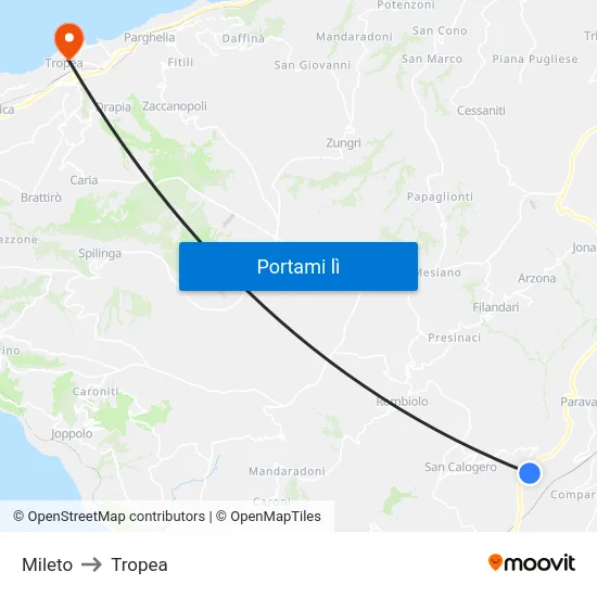 Mileto to Tropea map