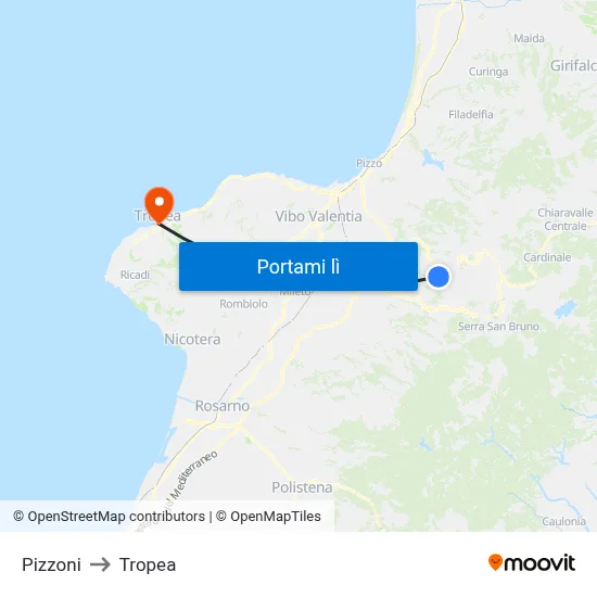 Pizzoni to Tropea map