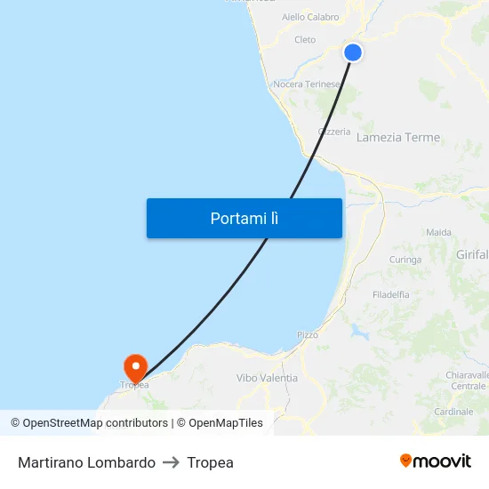 Martirano Lombardo to Tropea map