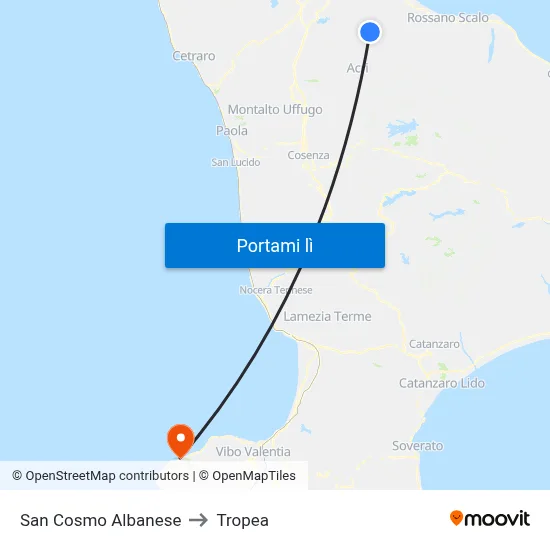 San Cosmo Albanese to Tropea map