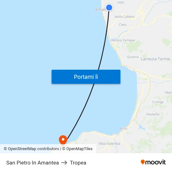 San Pietro In Amantea to Tropea map