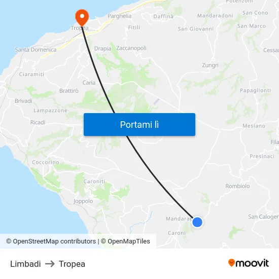 Limbadi to Tropea map