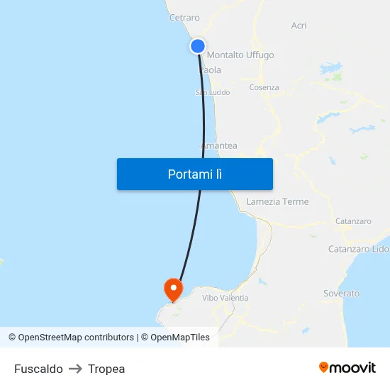 Fuscaldo to Tropea map