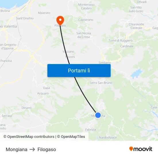 Mongiana to Filogaso map