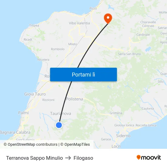 Terranova Sappo Minulio to Filogaso map