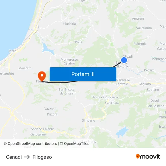 Cenadi to Filogaso map