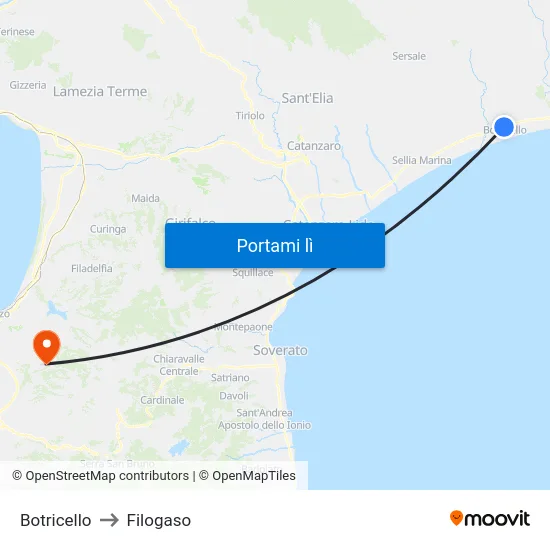Botricello to Filogaso map