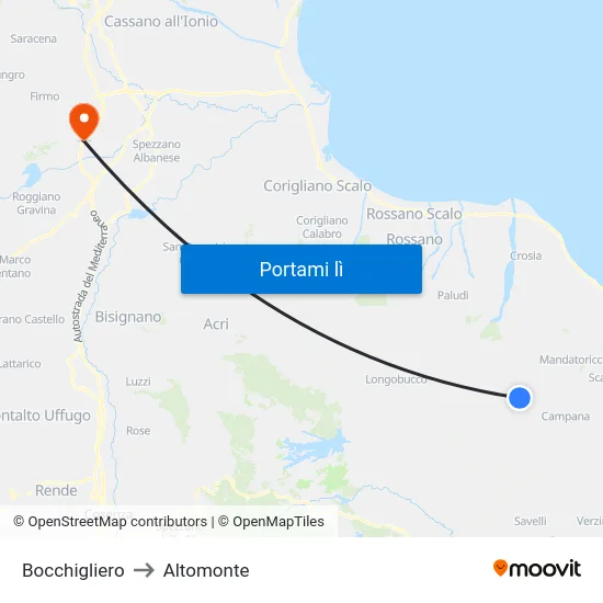 Bocchigliero to Altomonte map