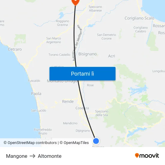 Mangone to Altomonte map