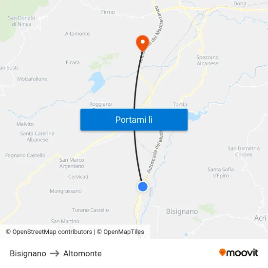 Bisignano to Altomonte map