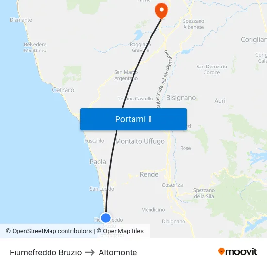 Fiumefreddo Bruzio to Altomonte map