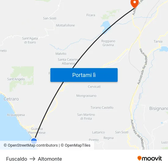 Fuscaldo to Altomonte map