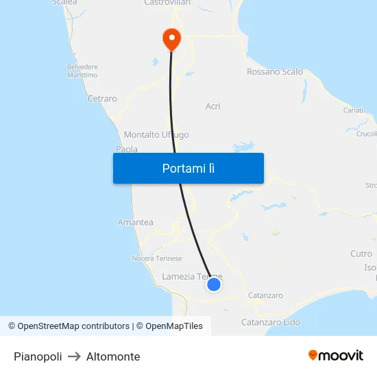 Pianopoli to Altomonte map