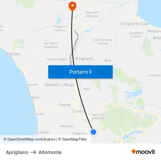 Aprigliano to Altomonte map