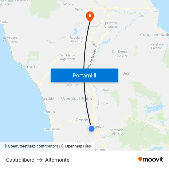 Castrolibero to Altomonte map
