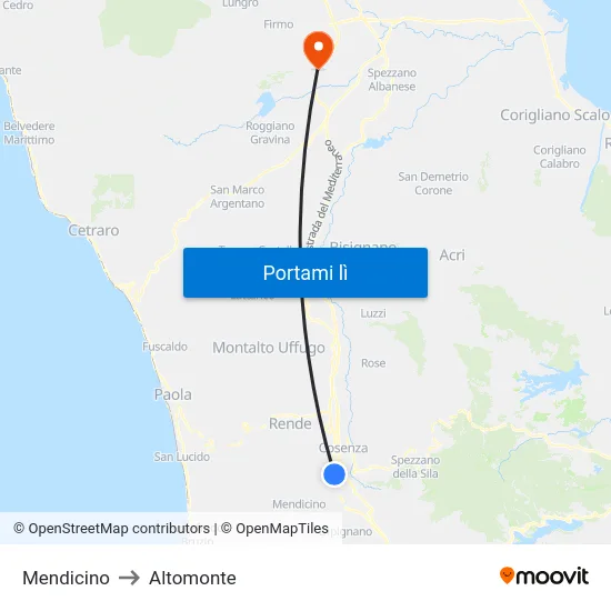 Mendicino to Altomonte map