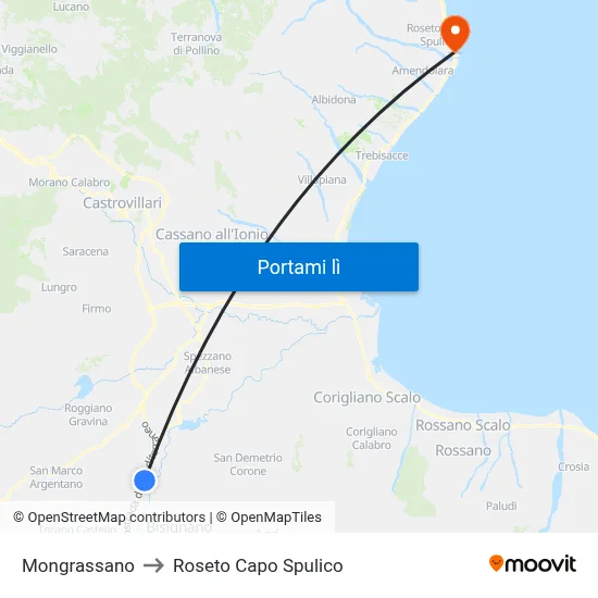 Mongrassano to Roseto Capo Spulico map