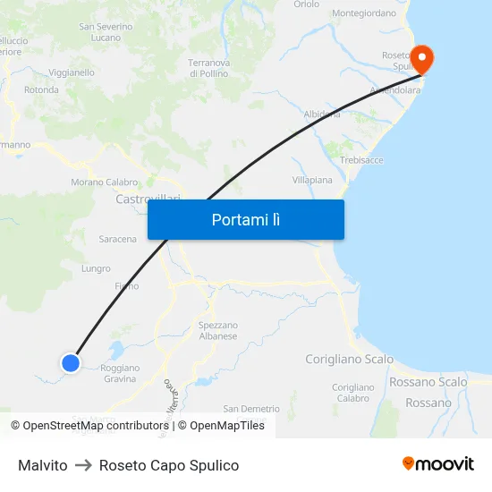 Malvito to Roseto Capo Spulico map
