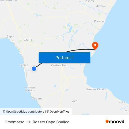 Orsomarso to Roseto Capo Spulico map