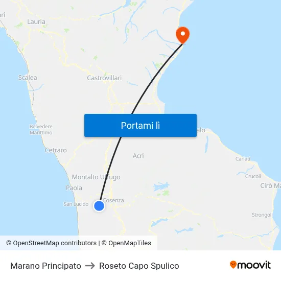 Marano Principato to Roseto Capo Spulico map