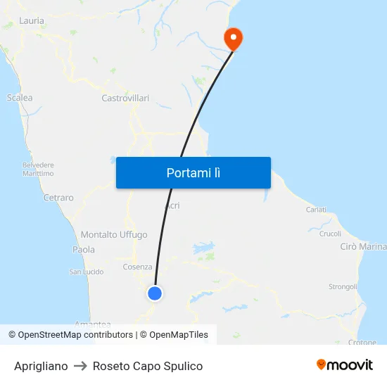 Aprigliano to Roseto Capo Spulico map