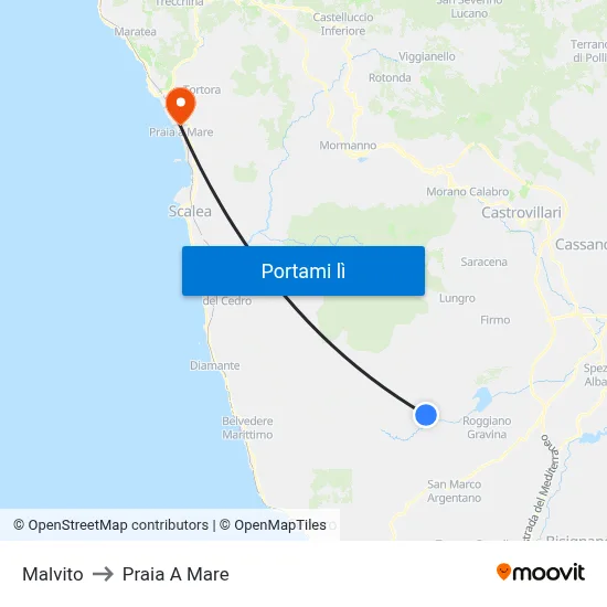 Malvito to Praia A Mare map