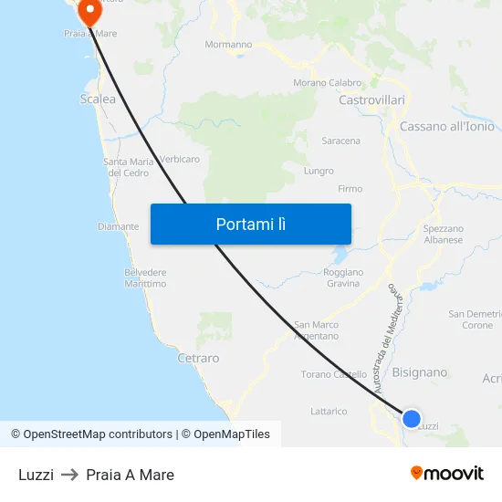 Luzzi to Praia A Mare map