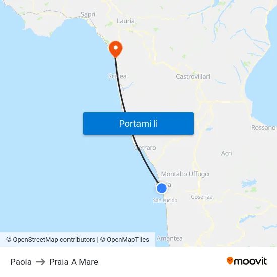 Paola to Praia A Mare map