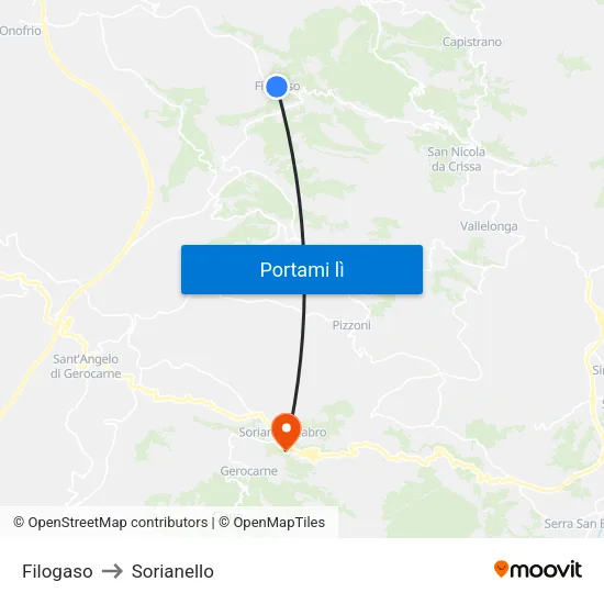 Filogaso to Sorianello map