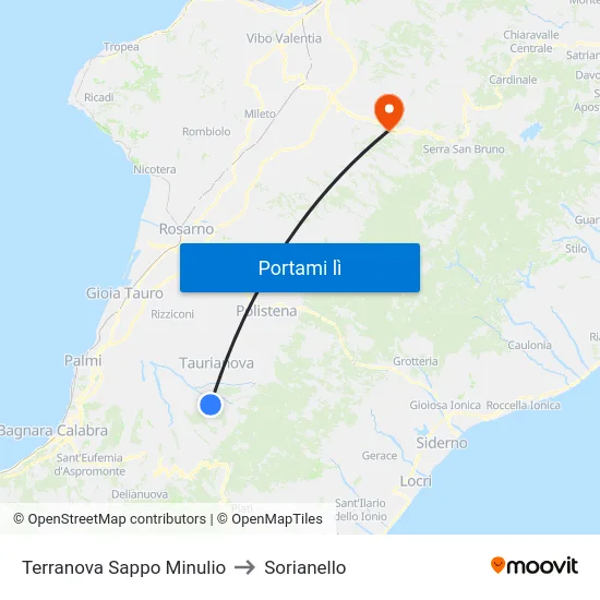 Terranova Sappo Minulio to Sorianello map