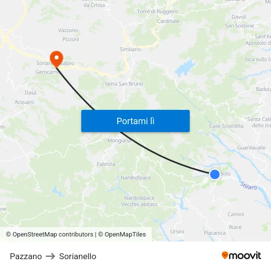 Pazzano to Sorianello map