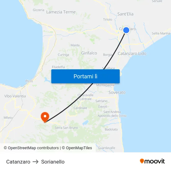 Catanzaro to Sorianello map