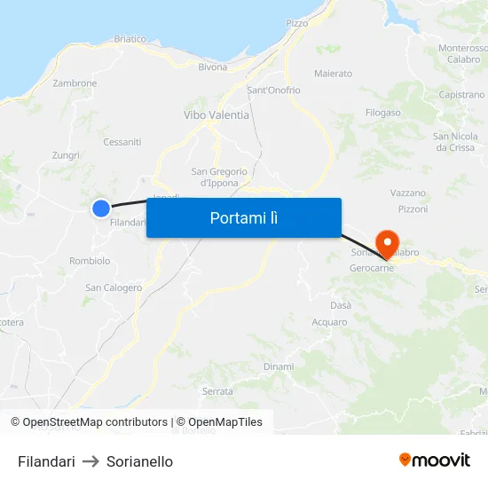 Filandari to Sorianello map