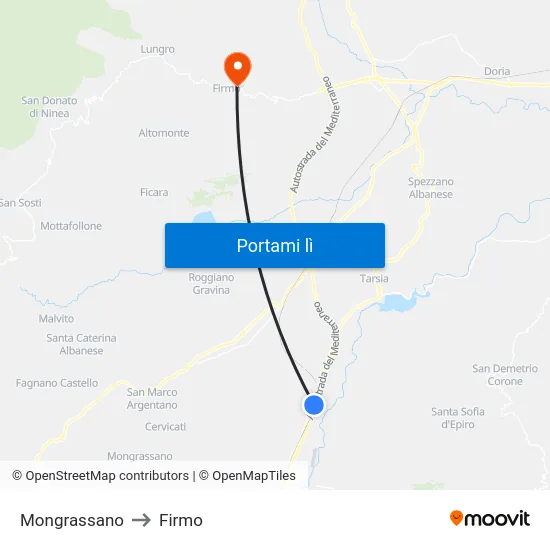 Mongrassano to Firmo map