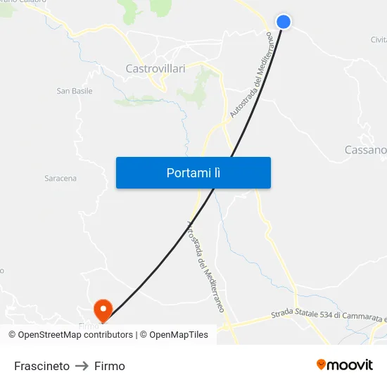 Frascineto to Firmo map
