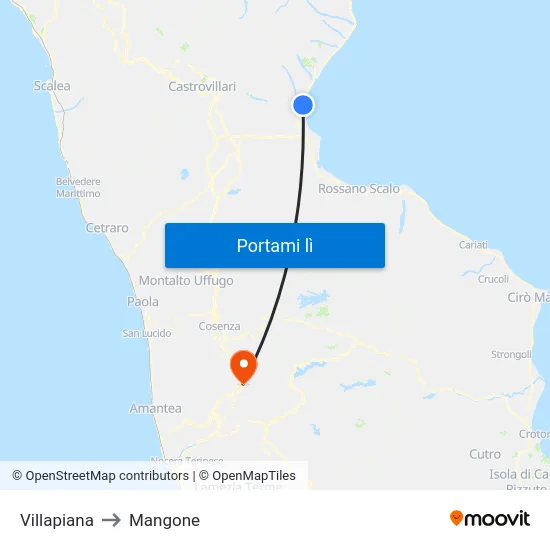 Villapiana to Mangone map